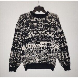 Vintage Binghamton Knitting Co Sweater 80s Black White Geometric Mens Medium